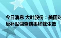 今日消息 大叶股份：美国对中国手扶式汽油扫雪机反倾销、反补贴调查结果终裁生效