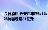 今日消息 长安汽车跌超3%，公司实控人及一致行动人近日减持套现超21亿元