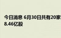 今日消息 6月30日共有20家公司限售股解禁，合计解禁量为8.46亿股