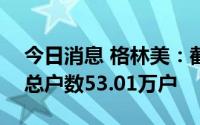 今日消息 格林美：截至6月30日，公司股东总户数53.01万户