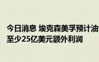 今日消息 埃克森美孚预计油气价格上涨将为其第二财季带来至少25亿美元额外利润