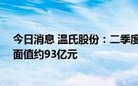 今日消息 温氏股份：二季度可转债减少近26万元，剩余总面值约93亿元