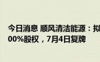 今日消息 顺风清洁能源：拟以6.64亿元出售新疆普新诚达100%股权，7月4日复牌