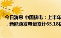 今日消息 中国核电：上半年累计商运发电量943.5亿千瓦时，新能源发电量累计65.18亿千瓦时