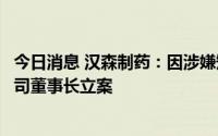 今日消息 汉森制药：因涉嫌短线交易公司股票，证监会对公司董事长立案