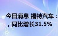 今日消息 福特汽车：6月美国销量152262辆，同比增长31.5%