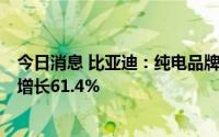 今日消息 比亚迪：纯电品牌海豚6月销量达10376辆，环比增长61.4%