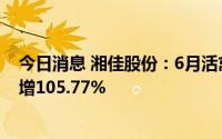 今日消息 湘佳股份：6月活禽销售收入8192.46万元，同比增105.77%