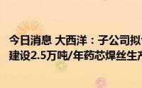 今日消息 大西洋：子公司拟合计出资2000万元成立新公司，建设2.5万吨/年药芯焊丝生产基地