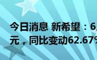 今日消息 新希望：6月生猪销售收入17.65亿元，同比变动62.67%