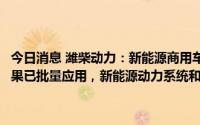 今日消息 潍柴动力：新能源商用车高效动力系统与电控安全关键技术成果已批量应用，新能源动力系统和电控系统拥有领先市占率
