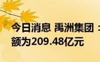 今日消息 禹洲集团：上半年累计合约销售金额为209.48亿元