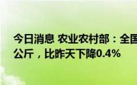 今日消息 农业农村部：全国农批市场猪肉均价为28.98元/公斤，比昨天下降0.4%