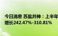 今日消息 苏盐井神：上半年预盈4.46亿元-5.35亿元，同比增长242.47%-310.81%