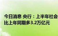 今日消息 央行：上半年社会融资规模增量累计为21万亿元，比上年同期多3.2万亿元
