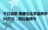 今日消息 绿康生化早盘跌停，预计上半年亏损3500万元-4300万元，同比盈转亏
