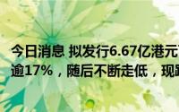 今日消息 拟发行6.67亿港元可转债，佳源国际控股一度大涨逾17%，随后不断走低，现跌1.15%