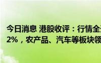 今日消息 港股收评：行情全天震荡走低，恒生科技指数跌超2%，农产品、汽车等板块领跌