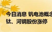 今日消息 钒电池概念板块异动拉升，攀钢钒钛、河钢股份涨停