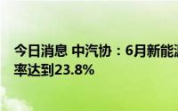 今日消息 中汽协：6月新能源汽车产销再创新高，市场占有率达到23.8%