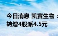 今日消息 凯赛生物：7月20日除权，每10股转增4股派4.5元