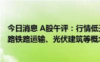 今日消息 A股午评：行情低开高走，创业板指涨1.14%，公路铁路运输、光伏建筑等概念股领涨