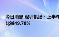 今日消息 深圳机场：上半年旅客吞吐量939.24万人次，同比减49.78%