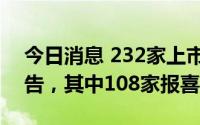 今日消息 232家上市公司披露上半年业绩预告，其中108家报喜