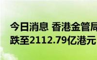 今日消息 香港金管局再买入41亿港元，结余跌至2112.79亿港元