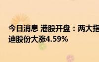 今日消息 港股开盘：两大指数集体低开，均跌超1%，比亚迪股份大涨4.59%