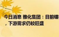 今日消息 雅化集团：目前锂行业供需紧张状态短期难以缓解，下游需求仍较旺盛
