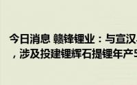 今日消息 赣锋锂业：与宣汉县人民政府签招商引资补充协议，涉及投建锂辉石提锂年产5万吨电池级基础锂盐项目