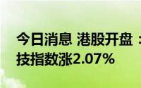今日消息 港股开盘：两大指数大涨，恒生科技指数涨2.07%