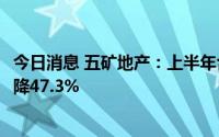 今日消息 五矿地产：上半年合约销售额约65.9亿元，同比下降47.3%