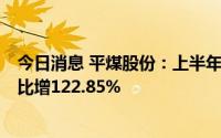 今日消息 平煤股份：上半年商品煤销售毛利67.68亿元，同比增122.85%
