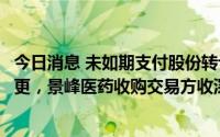 今日消息 未如期支付股份转让款导致公司控制权再次发生变更，景峰医药收购交易方收深交所监管函
