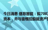 今日消息 信恳智能：拟700万元收购雷根金融信息60%注册资本，并与雷根控股就资产管理、保险经纪等战略合作
