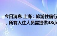 今日消息 上海：旅游住宿行业员工需每日开展1次核酸检测，所有入住人员需提供48小时核酸阴性证明