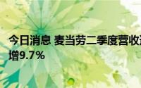 今日消息 麦当劳二季度营收达57.2亿美元，同店销售额同比增9.7％