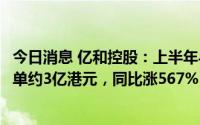 今日消息 亿和控股：上半年与国内成立的某知名企业所接订单约3亿港元，同比涨567%