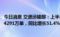 今日消息 交通运输部：上半年全国网络货运企业共上传运单4291万单，同比增长51.4%