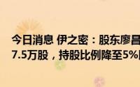 今日消息 伊之密：股东廖昌清、程燕平夫妇减持公司股份37.5万股，持股比例降至5%以下