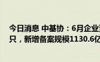 今日消息 中基协：6月企业资产证券化产品共备案确认110只，新增备案规模1130.6亿元