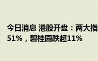 今日消息 港股开盘：两大指数集体低开，恒生科技指数跌1.51%，碧桂园跌超11%