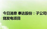 今日消息 泰达股份：子公司拟投资4.48亿元建设生活垃圾焚烧发电项目