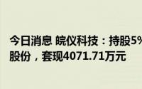 今日消息 皖仪科技：持股5%以上股东安徽创投减持2%公司股份，套现4071.71万元