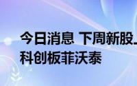 今日消息 下周新股上市：创业板北路智控、科创板菲沃泰