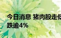 今日消息 猪肉股走低，傲农生物、巨星农牧跌逾4%