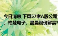 今日消息 下周57家A股公司合计解禁量41.1亿股，洋河股份、柏楚电子、晶晨股份解禁市值居前三