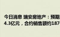 今日消息 瑞安房地产：预期上半年取得股东应占溢利净额约4.3亿元，合约销售额约187亿元